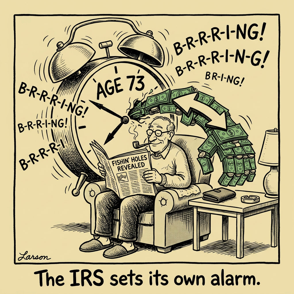 Editorial cartoon: A giant hand labeled 'Corporate America' places a 401(k) statement into the hands of a bewildered retiree standing at the edge of a cliff labeled '30 Years of Retirement.' The retiree holds a tiny umbrella labeled '$185,000.' Storm clouds gather overhead.