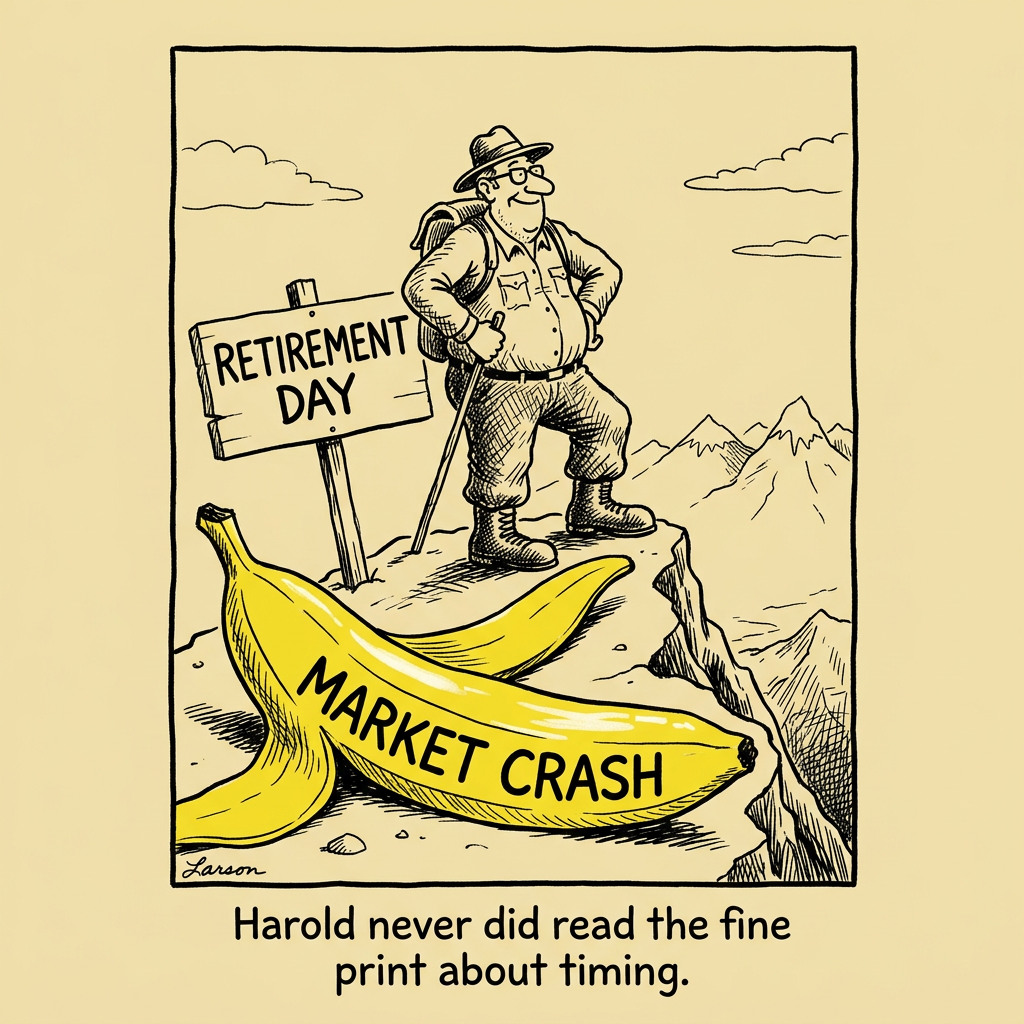 Editorial cartoon: A roller coaster labeled 'S&P 500' has two riders. A young man in the front car throws his hands up excitedly. Behind him, a retired couple grips the safety bar with white knuckles, their dentures flying out on the downhill. A sign at the entrance reads: 'You Must Be THIS Many Years From Retirement to Enjoy This Ride.'