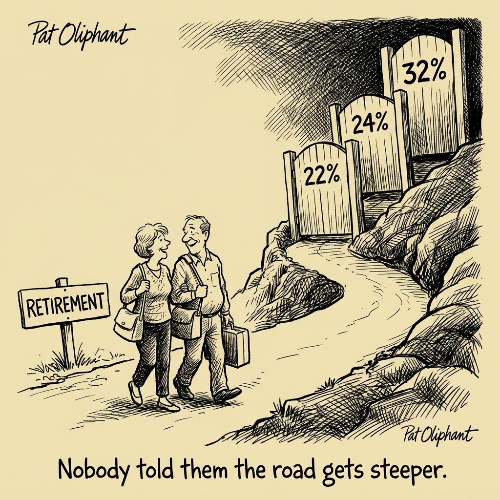 Editorial cartoon: An iceberg in the ocean. Above the waterline, a small tip is labeled 'Medicare Covers This.' Below the waterline, the enormous mass is labeled with 'Dental,' 'Vision,' 'Hearing Aids,' 'Long-Term Care,' 'Part B Premiums,' 'Medigap,' and 'Prescription Copays.' A small boat labeled 'Retiree' approaches. Caption: 'What Lies Beneath.'