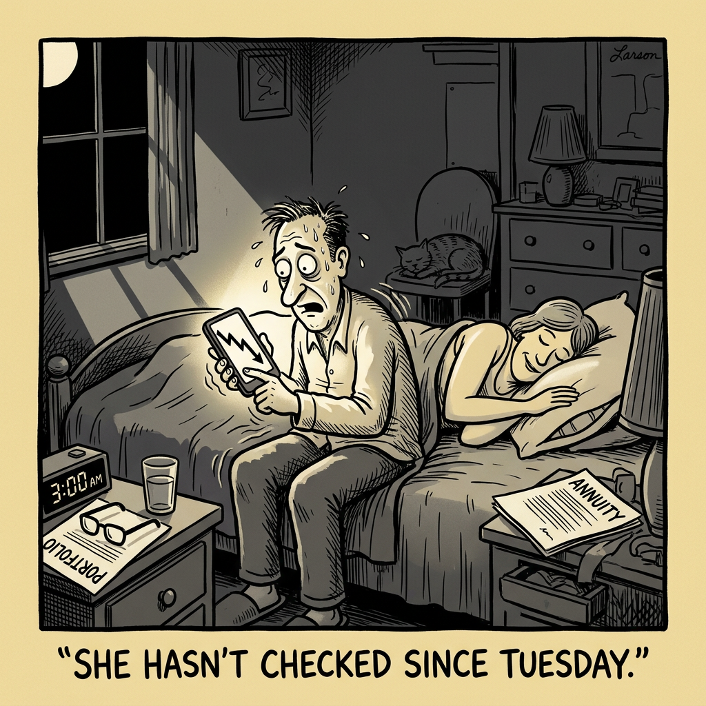 Editorial cartoon: A large termite labeled 'Inflation 3%' nibbles on a wooden beam labeled 'Retirement Savings.' The beam supports a small house where a retired couple sits reading on the porch, oblivious. The termite is tiny, the damage barely visible, but several beams behind it have already been eaten through completely. Caption: 'The Termite That Never Sleeps.'