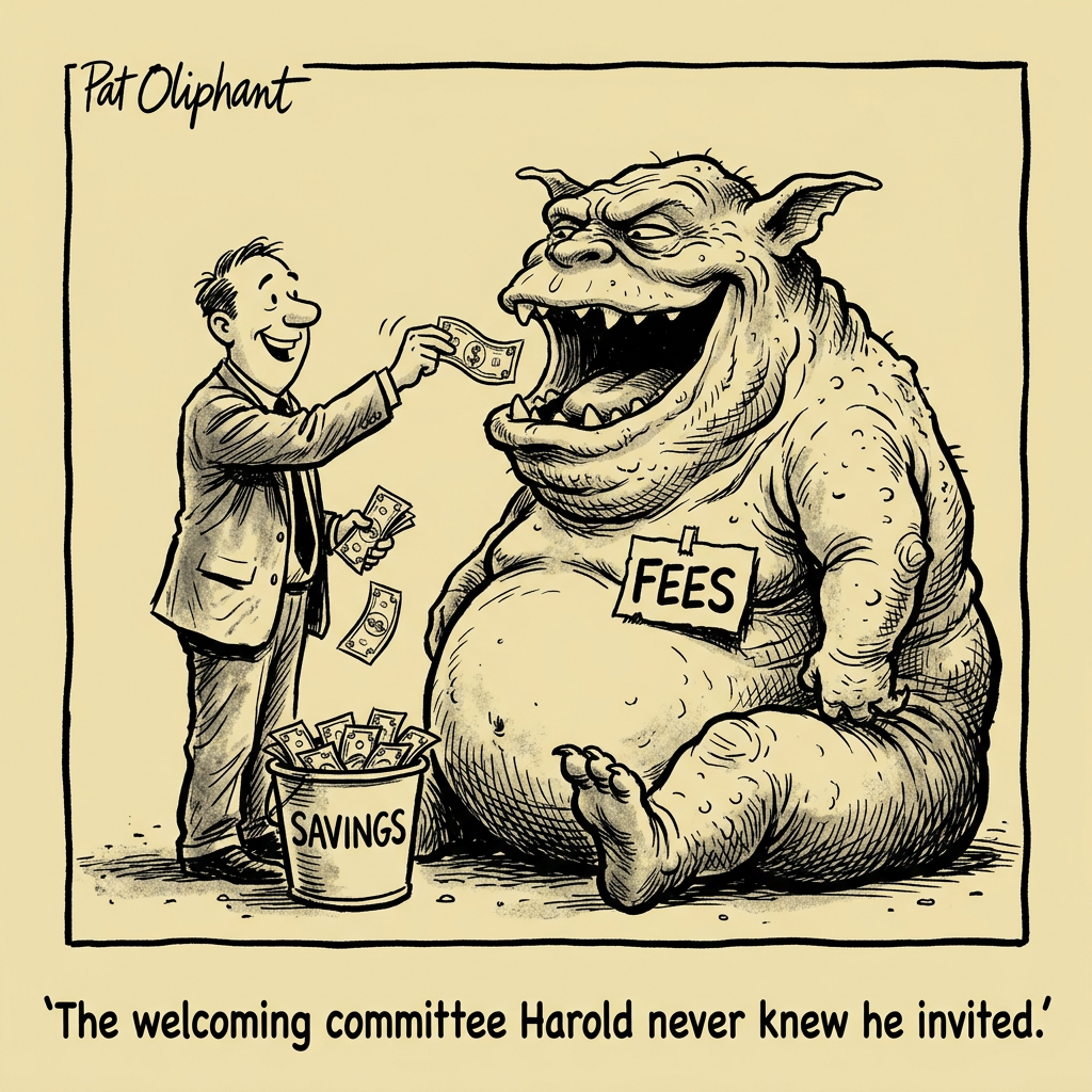 Editorial cartoon: A retiree sits in a therapist's chair. The therapist's notepad reads 'Patient Fears: Running out of money, being a burden, trusting wrong advisor, that weird noise the furnace makes.' The therapist says, 'Let's start with the one that costs six figures per year if it breaks.' The retiree says, 'The furnace?' The therapist says, 'No. You.' Caption: 'The Retirement Session.'