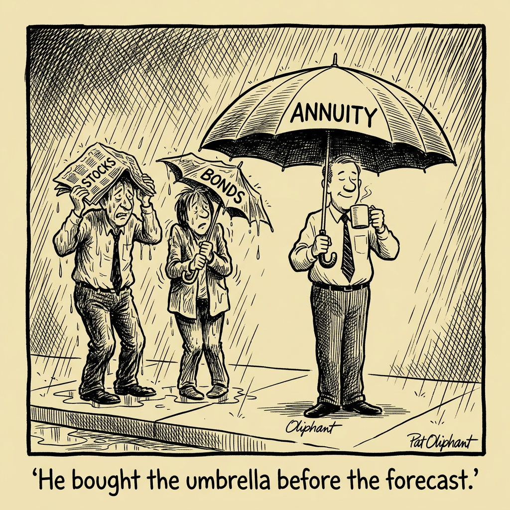 Two doors in a hallway. One reads 'Fiduciary: Legally Required to Act in Your Best Interest.' The other reads 'Suitability: Legally Required to Not Actively Harm You.' A confused consumer stands between them holding a retirement check.