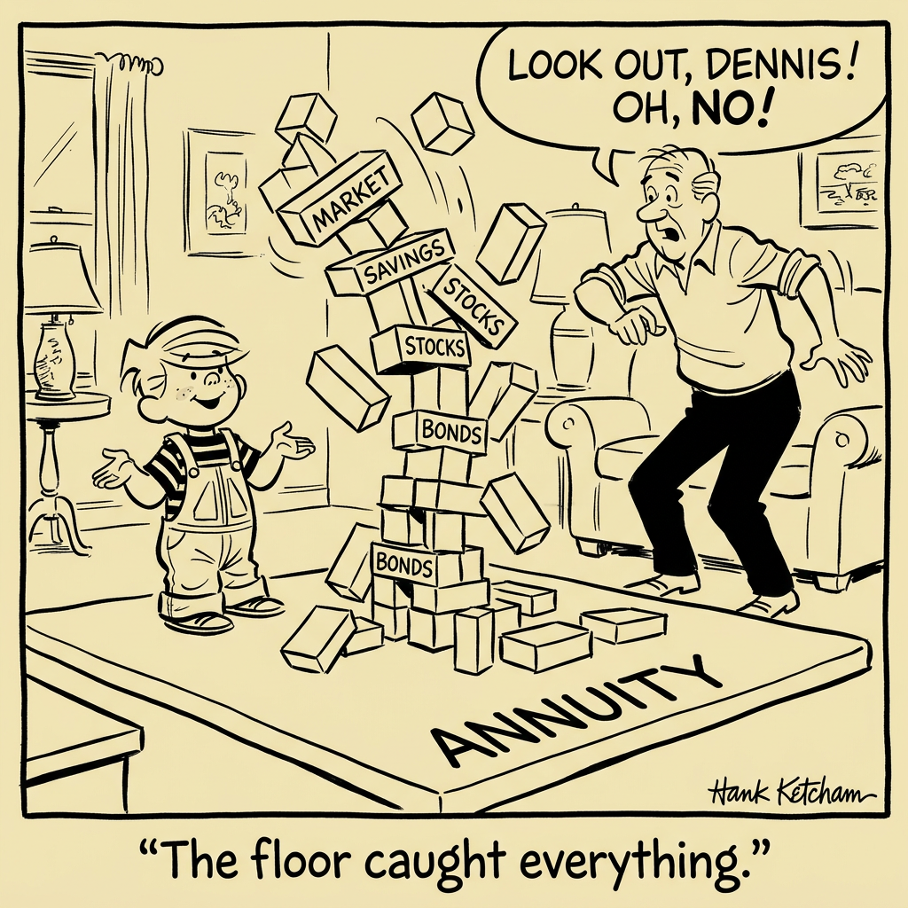 A financial advisor's desk nameplate reads 'Trust Me, I'm a Professional.' The client reaches over and flips it around. The back reads 'But Verify Everything Anyway.' The advisor shrugs and says, 'Fair enough.'