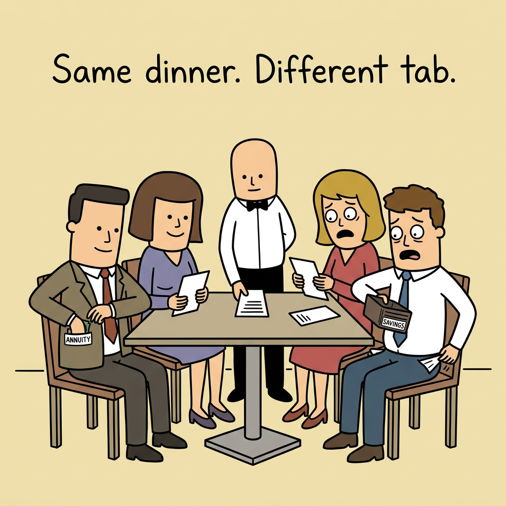 Editorial cartoon: A man wearing a blindfold labeled 'I Did My Own Research' walks past a clearly marked door labeled 'Guaranteed Lifetime Income.' He is heading toward a door labeled 'Hope the Market Cooperates.' Caption: 'The confidence of the uninformed.'