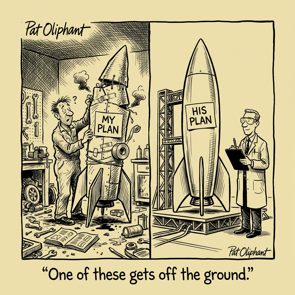 Editorial cartoon: Two identical piggy banks on a table, each labeled '$680,000.' Twenty-five years later, one is robust and full, the other is cracked and empty. A magnifying glass reveals the difference: a tiny document inside the full one labeled 'Written Plan.' Caption: 'The invisible ingredient.'