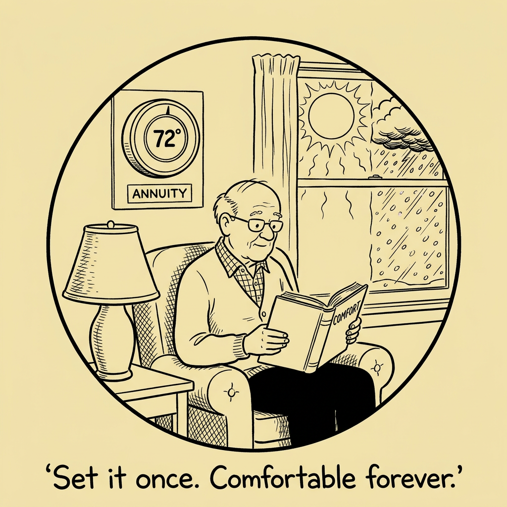 Editorial cartoon: A man sits in a waiting room. The door is labeled 'Retirement Planning Office.' The clock on the wall shows the hands spinning rapidly. With each revolution, a sign on the wall changes: 'Roth Conversions Available' becomes 'Roth Window Closed.' 'LTC Insurance: $200/mo' becomes 'LTC Insurance: $800/mo.' The man says, 'I will go in after this next magazine.' Caption: 'The most expensive waiting room in America.'