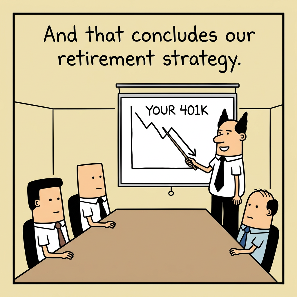 Editorial cartoon: Two paths diverge in a wood. One sign reads 'Act Now -- Imperfect but Improvable.' The other reads 'Wait for the Perfect Moment.' The second path is overgrown and leads to a cliff edge labeled 'Expired Options.' A retiree stands at the fork. Caption: 'The perfect moment was five years ago. The second-best moment is today.'