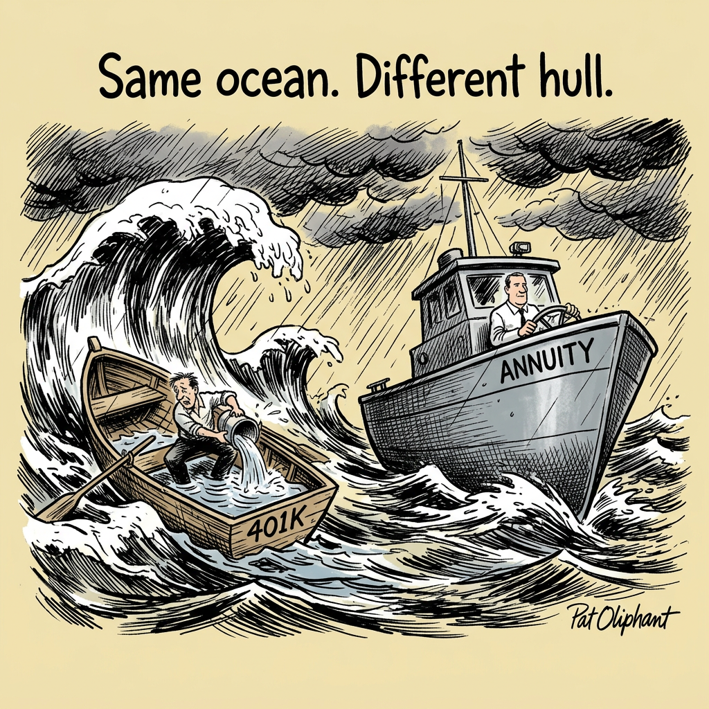 A door labeled 'YOUR RETIREMENT PLAN' stands slightly ajar with warm light spilling through the crack. A person stands outside in the cold, hand almost on the doorknob but not quite touching it. Behind them, twenty newspaper editions form a path leading to the door. Caption: 'You have already walked this far.'