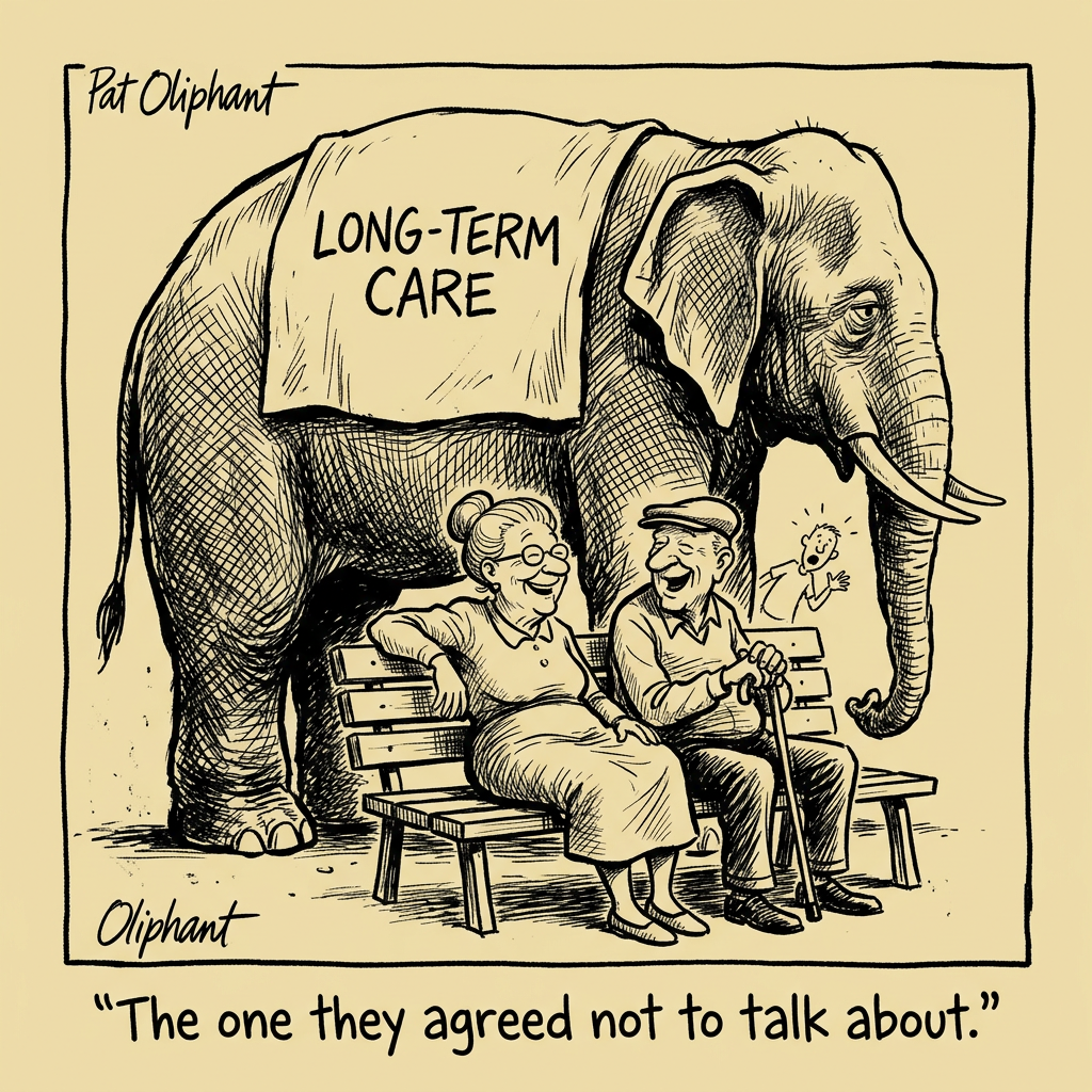 A person stands in front of two doors. One is labeled 'Read the 90-page annuity contract' and the other is labeled 'Just trust that everything will be fine.' A long line of people enters the second door. A single person hesitantly approaches the first.