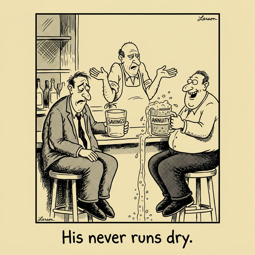 An insurance company executive holds up an annuity contract and says, 'We put all the important information right here on page 73.' A consumer squints at the document and replies, 'In size 6 font?' Executive: 'Size 5, actually. We upgraded.'