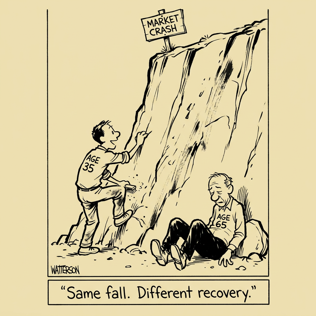 A couple at a financial advisor's office. The advisor has drawn three paths on a whiteboard -- one straight and flat, one gently wavy, and one like a roller coaster. He asks, 'Which of these matches your stomach?' The wife points to the flat line. The husband points to the roller coaster. The advisor reaches for a larger whiteboard.