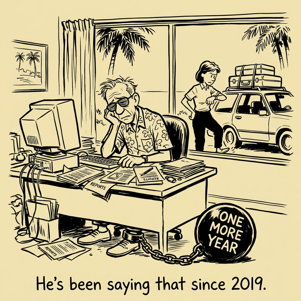 Editorial cartoon: A tightrope walker labeled '$2.7M Portfolio' crosses a canyon labeled 'Sequence Risk' while juggling withdrawal checks. Below, a safety net labeled 'Guaranteed Income' is visible but the walker has not yet noticed it.