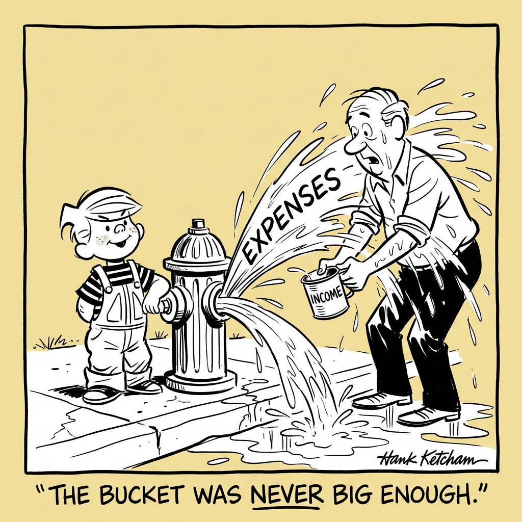 Editorial cartoon: Two thermometers side by side. One labeled 'Portfolio Balance' fluctuates wildly. The other labeled 'Guaranteed Income' holds steady. Caption: 'Which one do you want your grocery budget tied to?'