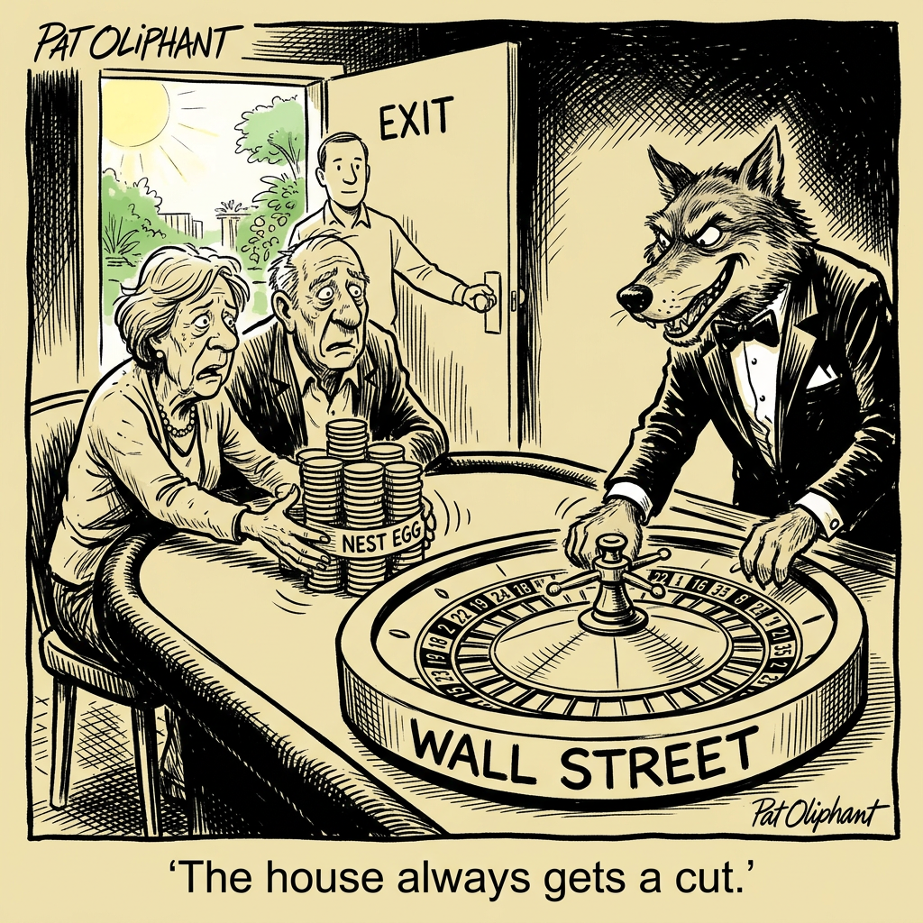 A store shelf displays three products labeled 'Fixed: Simple,' 'Indexed: Medium,' and 'Variable: Advanced.' A shopper stares at them and says, 'Is there one labeled Just Tell Me What To Do?' The store clerk replies, 'That is called a financial advisor. Aisle 7.'