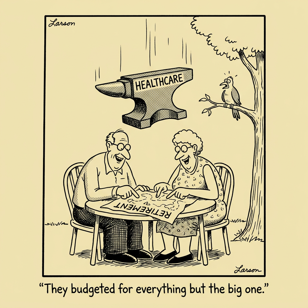 Editorial cartoon: A vending machine labeled 'Social Security.' One button says 'Age 62 -- Small' for $0.62. Another says 'Age 70 -- Large' for $0.70. A retiree reaches for the small button while her advisor gently redirects her hand. Caption: 'The most expensive bargain in retirement.'