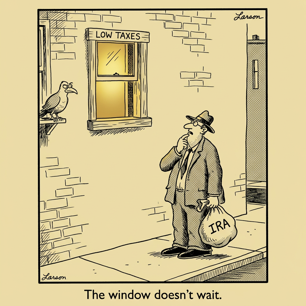 A giant hourglass labeled 'ROTH CONVERSION WINDOW' with sand running out. A retiree tries to squeeze through the narrow middle section while an accountant waves frantically from the other side holding a sign that reads 'HURRY - BRACKET FILLS UP FAST.'
