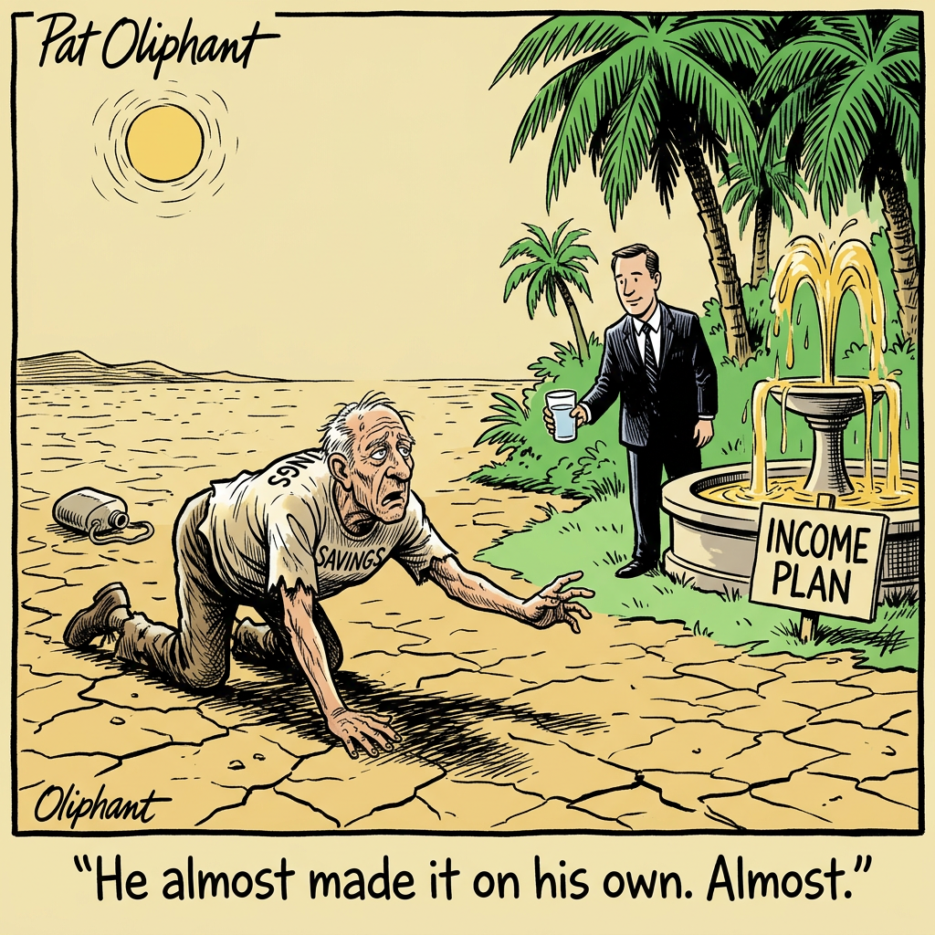 Editorial cartoon: A small boat labeled '$150K Savings' navigates between two massive rocks labeled 'Inflation' and 'Healthcare Costs.' The boat's sail reads 'Social Security Timing' and a small anchor reads 'Annuity Floor.' Caption: 'It is not the size of the boat.'