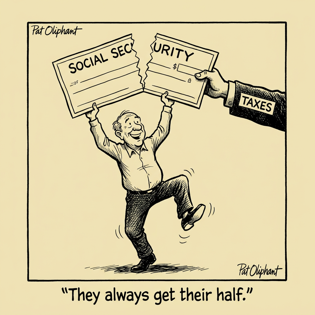 A surviving spouse sits at a kitchen table surrounded by bills. Two chairs are visible &mdash; one empty. A Social Security check that once read '$4,000' has been crossed out and replaced with '$2,400.' On the refrigerator, a note reads: 'The bills did not get the memo.' Caption: 'The survivor's penalty.'