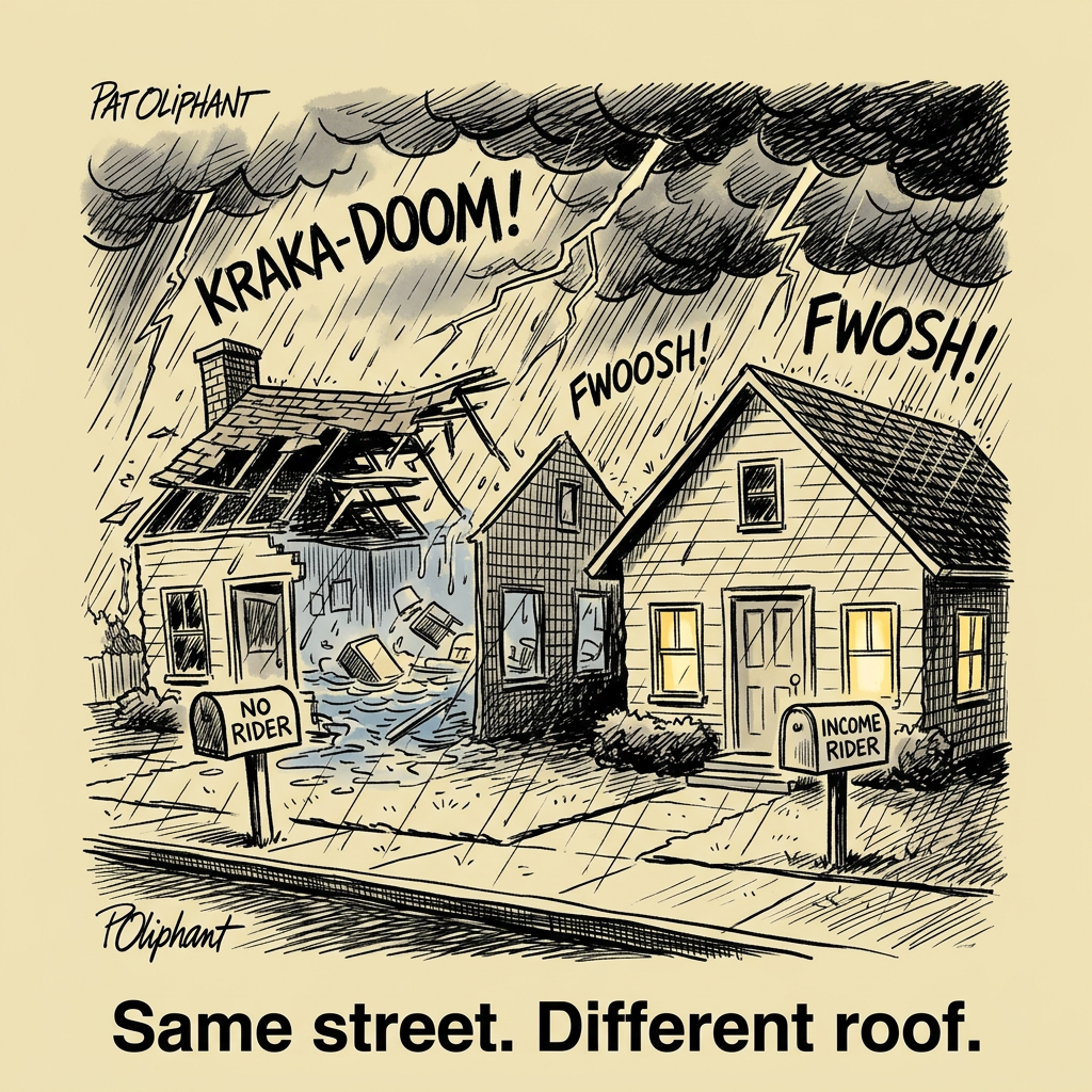 A retirement-age couple sits on a park bench. The wife reads a document and says, 'It says here we can build our own pension.' The husband replies, 'Great. I also built our deck. It leans.' Caption: 'This is why you hire professionals.'