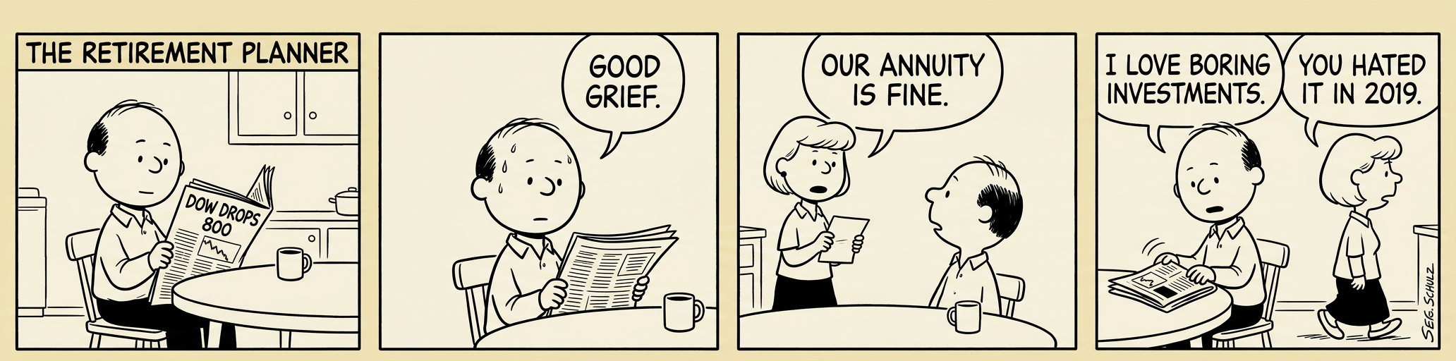 Panel 1: A young man in a 1980s office receives a pamphlet titled 'Your New 401(k) Plan!' and looks confused. Panel 2: Now middle-aged, he stares at a pie chart on his computer screen while eating lunch at his desk. Panel 3: At age 62, he sits across from a financial advisor who is gesturing at a chart that clearly goes down. Panel 4: He is back at the kitchen table with his wife, both squinting at a calculator, with the pamphlet from Panel 1 pinned to the refrigerator behind them, now yellowed with age.
