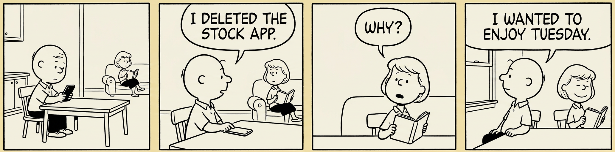 Panel 1: A couple sits happily at a restaurant in 2007, toasting champagne glasses. A thought bubble shows their portfolio balance: $840,000. Panel 2: Same couple in 2009, sitting at their kitchen table eating soup. A thought bubble shows: $588,000. Panel 3: A financial advisor draws a chart showing 'You need 43% to get back to even!' The couple stares blankly. Panel 4: The husband turns to his wife and says, 'So you're saying the math also lost 30 percent?'