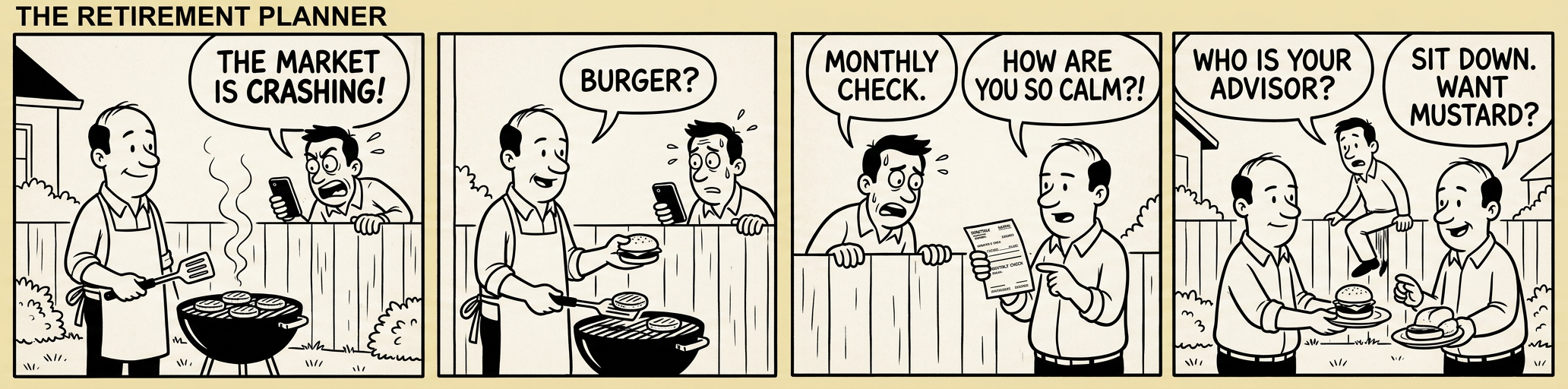 Panel 1: A woman opens her banking app on a Friday and sees 'Direct Deposit: $3,247.00' with a smile. Panel 2: Two weeks later, same woman, same app, but the screen shows only old transactions. Her smile is gone. Panel 3: She sits at her kitchen table surrounded by bills, a calculator, and a cup of cold coffee. A thought bubble reads: 'A million dollars divided by 360 months is...' Panel 4: She calls her friend and says, 'Turns out retirement is just budgeting, but with existential dread.' Her friend replies, 'Welcome to Friday.'