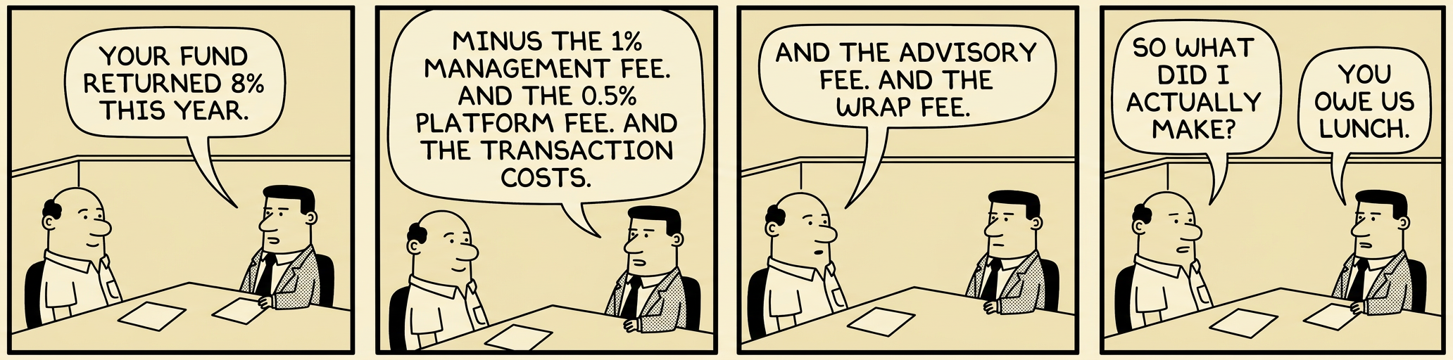 Panel 1: A retiree in 2005 cheerfully hands $20 to a grocery cashier for a full cart of groceries. Panel 2: Same retiree in 2015, looking slightly strained, hands $20 to the cashier for a noticeably smaller collection of items. Panel 3: In 2025, the retiree hands $20 to the cashier for a single bag containing bread, milk, and eggs. Panel 4: Projected 2035 &mdash; the retiree hands $20 to the cashier, who hands back a single banana and says, 'Would you like a receipt, or is that another expense?'
