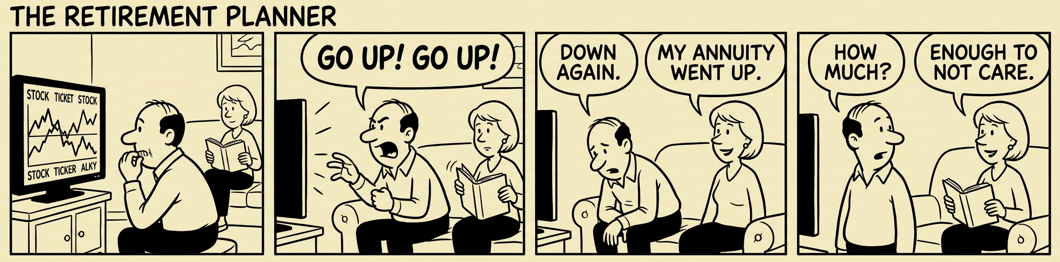 Panel 1: A retiree sits across from a financial advisor and asks, 'How are you compensated?' The advisor smiles confidently and says, 'Great question!' Panel 2: 'I receive a commission from the insurance company.' The retiree nods and says, 'How much?' Panel 3: The advisor's confident smile wavers. 'Well, it varies based on several factors including contract type, premium volume, and...' Panel 4: The retiree holds up a printed copy of the Wealth Gazette and says, 'I brought a list of five questions. Shall we continue?' The advisor loosens his tie.