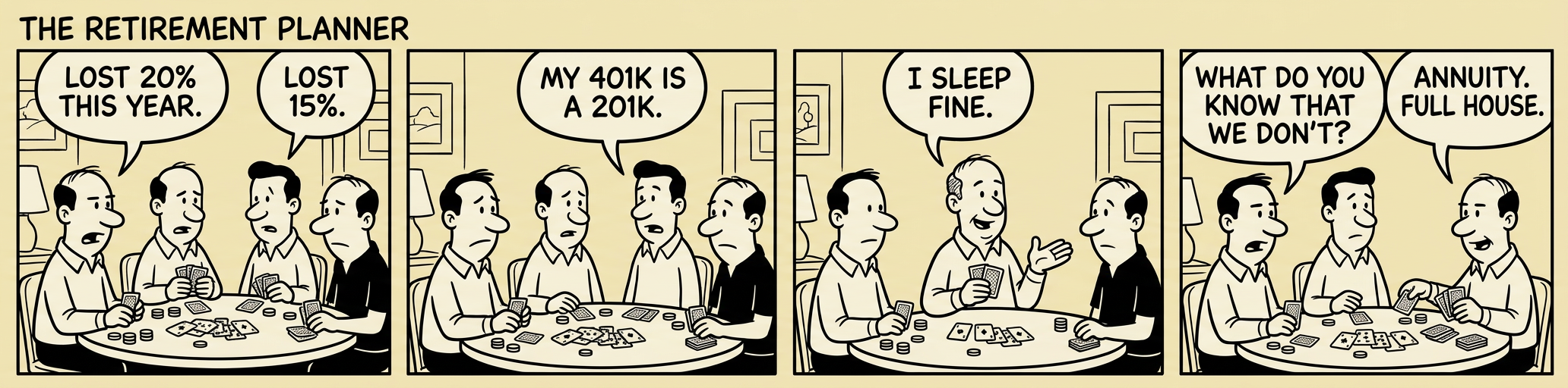 Panel 1: A man at a dinner party declares, 'Annuities are the worst investment you can make.' Panel 2: His neighbor asks, 'Which type of annuity?' The man pauses. Panel 3: 'There are types?' he asks. Panel 4: The neighbor slides him a copy of The Wealth Gazette and says, 'Read this. Then we can argue properly.'