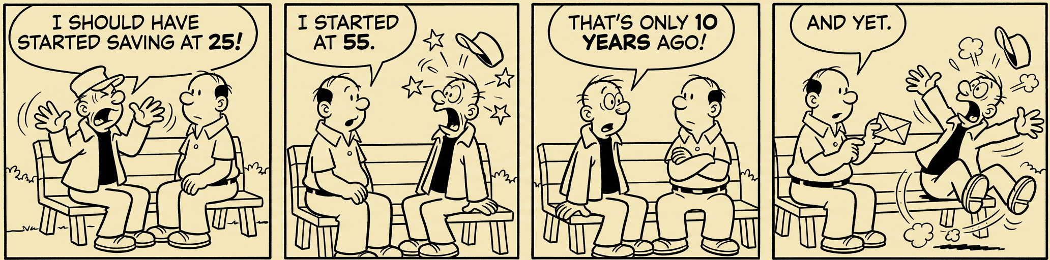 Panel 1: Two neighbors, Frank and Gerald, stand at a fence in 1999. Gerald says, 'I am fully invested in growth stocks.' Frank says, 'I set up an income plan.' Panel 2: Year 2002. Gerald is checking his phone anxiously. Frank is grilling burgers. Panel 3: Year 2009. Gerald is staring at bills. Frank is still grilling burgers. Panel 4: Year 2024. Gerald says, 'I should have asked about your burgers sooner.' Frank says, 'It was never about the burgers.'