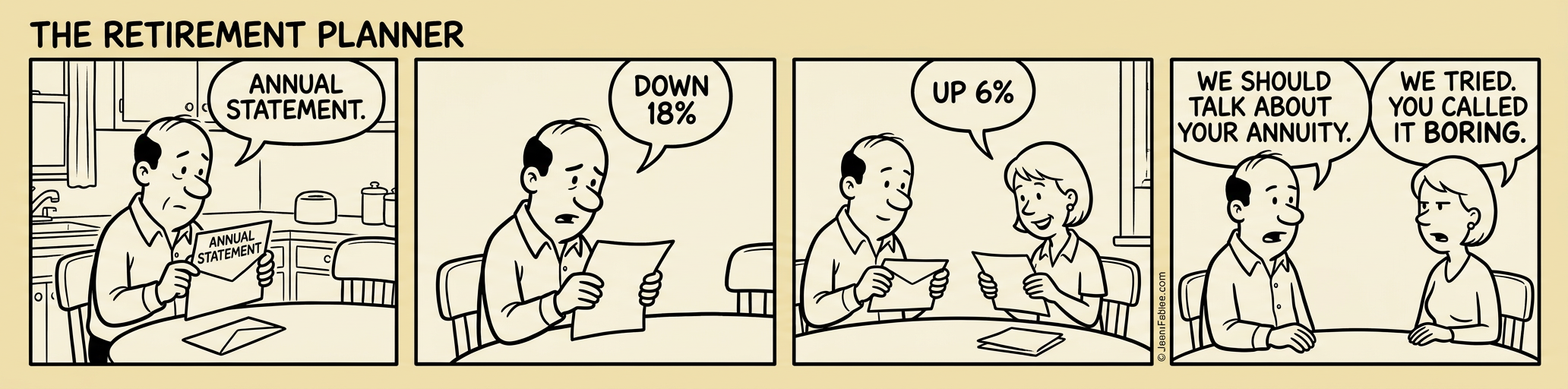 Panel 1: A couple sits at a kitchen table surrounded by retirement brochures. Wife says, 'Honey, do we own any annuities?' Panel 2: Husband opens a filing cabinet and pulls out a thick document. 'According to this, we have owned one since 2016.' Panel 3: Both stare at the contract, flipping pages. Wife asks, 'What kind is it?' Panel 4: Husband holds up the 90-page document and says, 'I believe this is what they call... paperwork.'