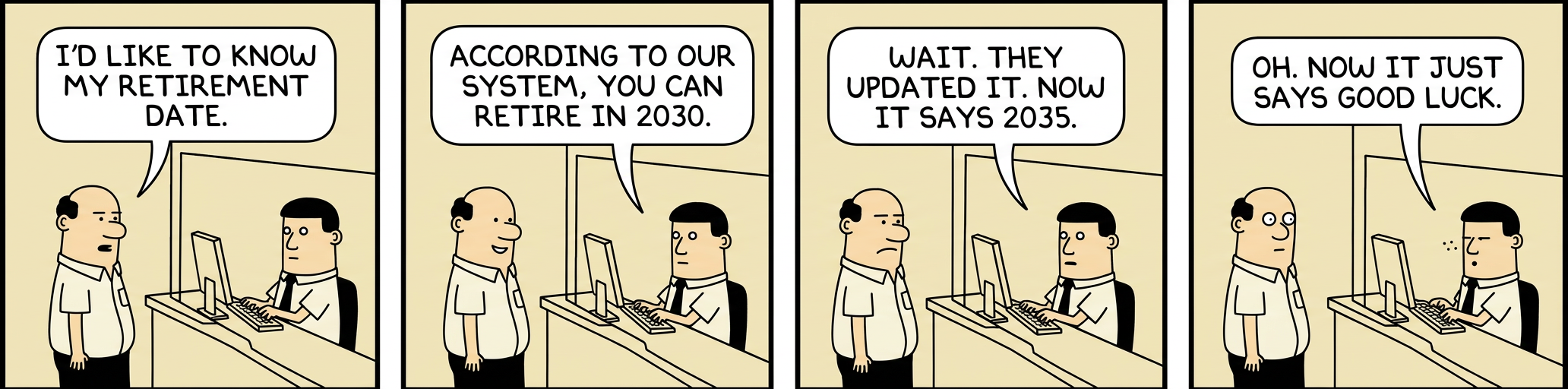 Panel 1: A retiree sits across from his adult son, who is scrolling his phone. Father says, 'When I retired, the company just sent me a check every month.' Panel 2: Son looks up, confused. 'They just... sent it? You didn't have to do anything?' Panel 3: Father nods contentedly. 'Not a thing. It showed up like clockwork for 22 years.' Panel 4: Son stares at his 401(k) app showing a balance chart that looks like a roller coaster. He whispers, 'What was it like... to not worry?'