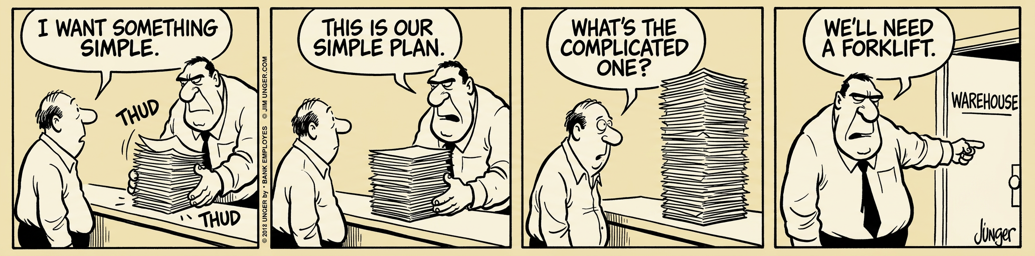 Panel 1: A man sits down with his new annuity contract. It lands on the table with a THUD. 'This seems manageable,' he says. Panel 2: He opens to page 1 and sees dense legal text. His smile fades slightly. Panel 3: He is now on page 47, surrounded by coffee cups, with reading glasses on top of his regular glasses. Panel 4: His wife finds him asleep on the contract at 2 AM. She says, 'He made it further than most.'