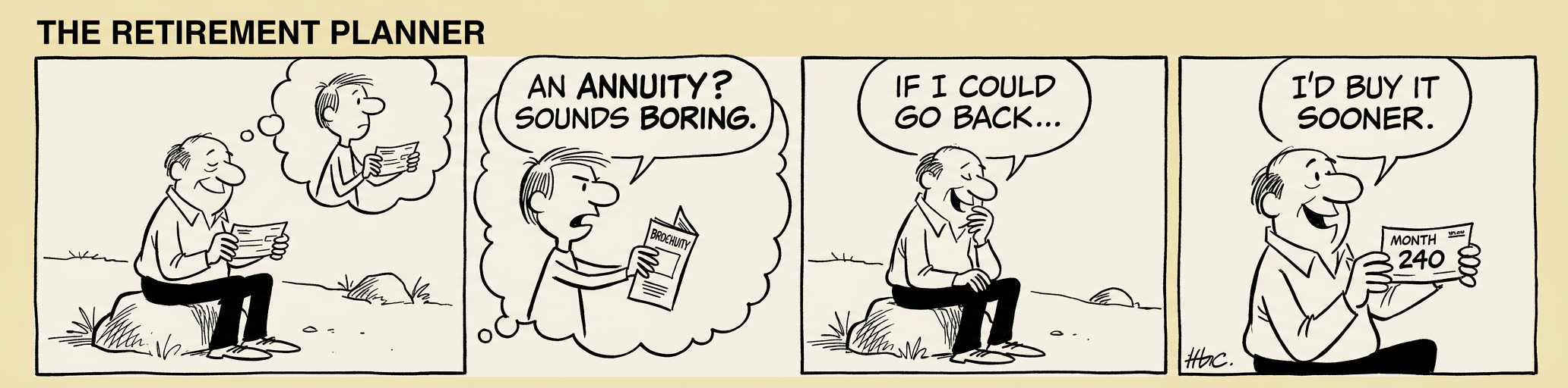 Panel 1: A retiree watches a stock ticker going up, up, up. He says 'Retirement will be easy &mdash; just ride the market!' Panel 2: A literal bear wearing a Wall Street vest appears behind him, tapping his shoulder. Panel 3: The ticker plunges. The retiree's coffee mug reads 'THIS IS FINE.' His portfolio statement reads '-38%.' Panel 4: Split scene &mdash; left side shows a panicked retiree selling everything at the bottom; right side shows a calm retiree reading the Gazette, sipping tea, with a sign on her desk reading 'ESSENTIAL EXPENSES COVERED. BRING IT.' Caption: 'Same bear. Different preparation.'